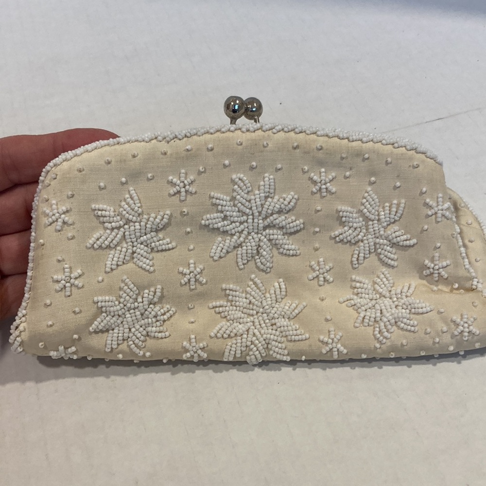 MAGID Pure Silk Cream Beaded Bag with Snowflake Design from Bonwit Teller
